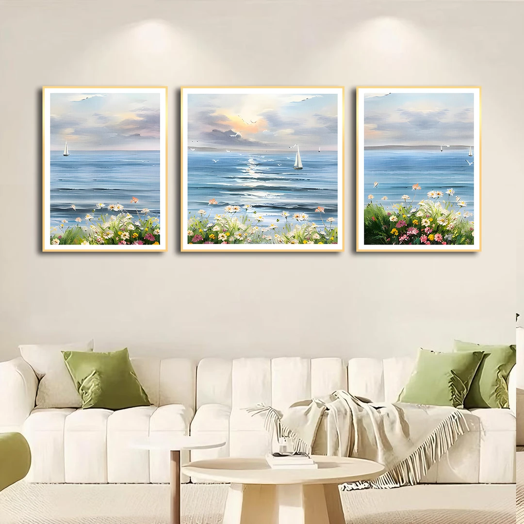 海上繁花 三联画客厅装饰画沙发背墙装饰画客厅挂画手工立体油画