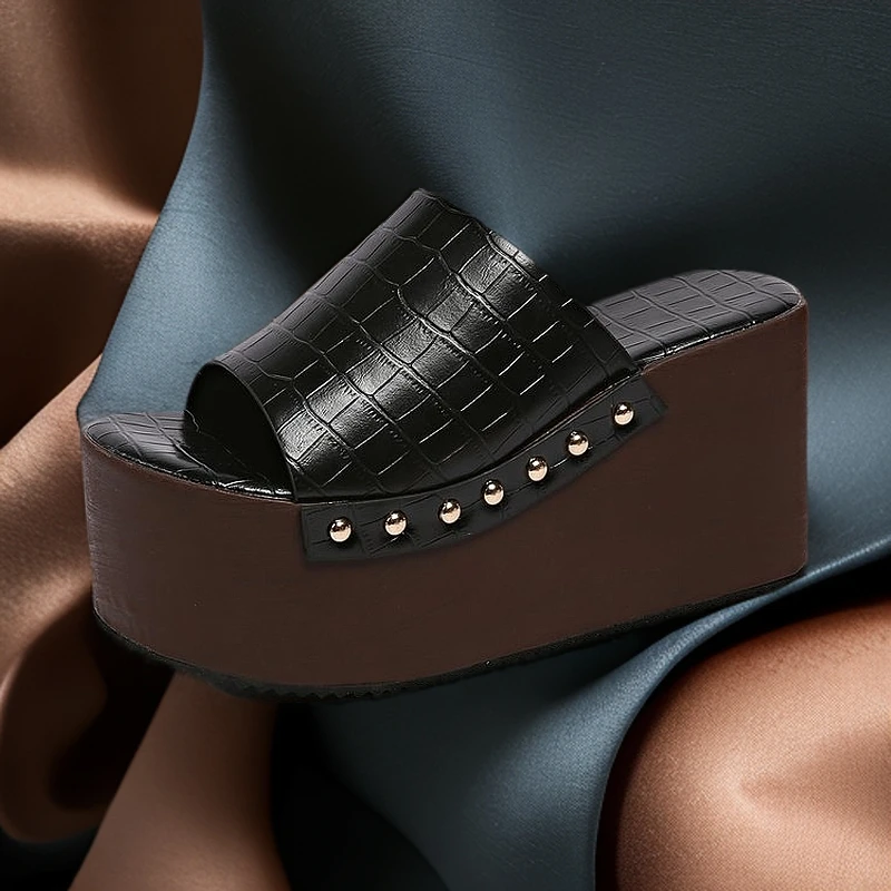 2025新款夏季厚底高跟显瘦10公分外穿沙滩木纹坡跟一字凉拖鞋女鞋