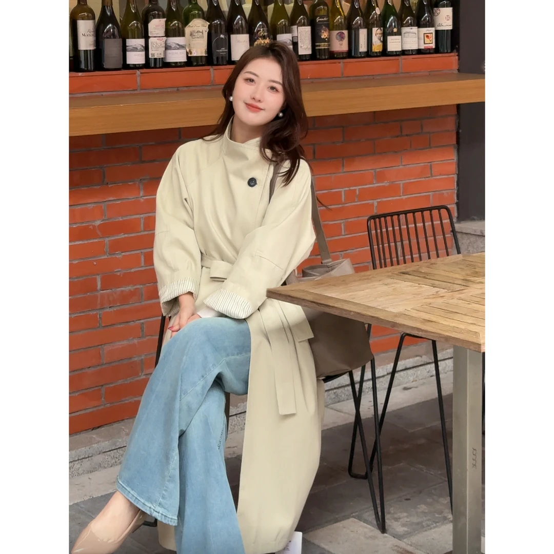 LOSA ROSA秋季新款小个子英伦风宽松廓形外套立领中长款风衣女