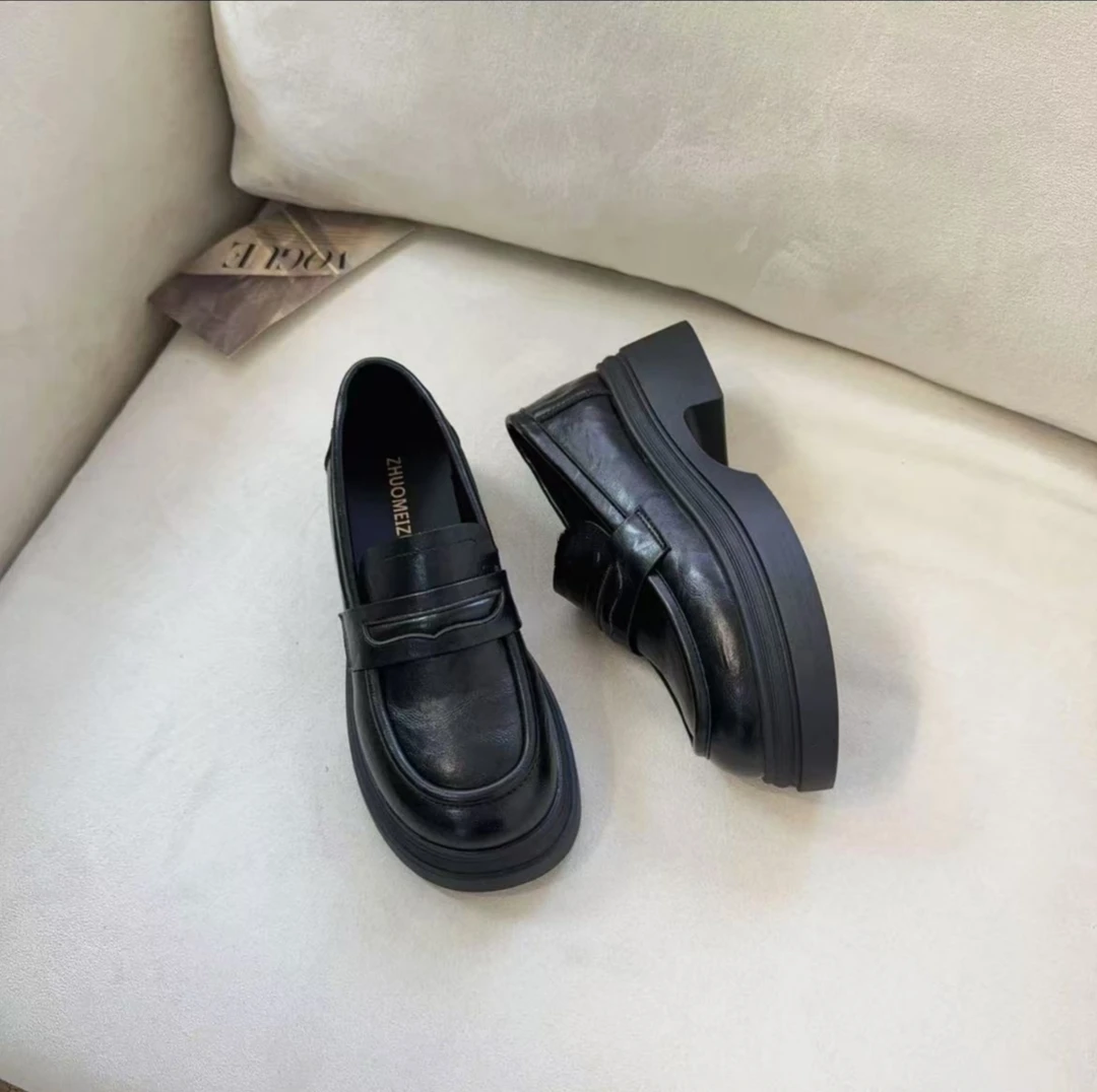 5cm厚底英伦风小皮鞋女新款春秋乐福鞋一脚蹬女鞋复古单鞋百搭
