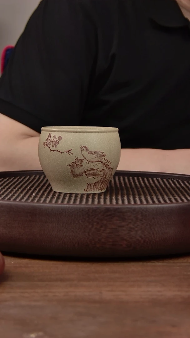 茶壶紫砂本绿刻绘大口缸杯210CC  静观