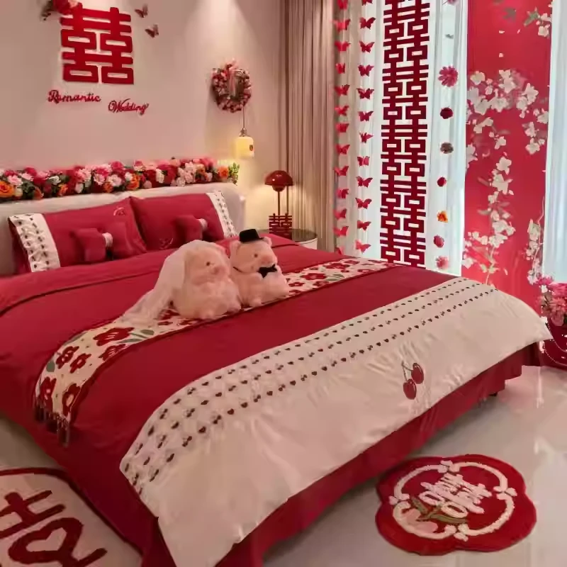 乐优公主100支长绒棉结婚四件套大红色喜被婚嫁婚床婚庆床上用品