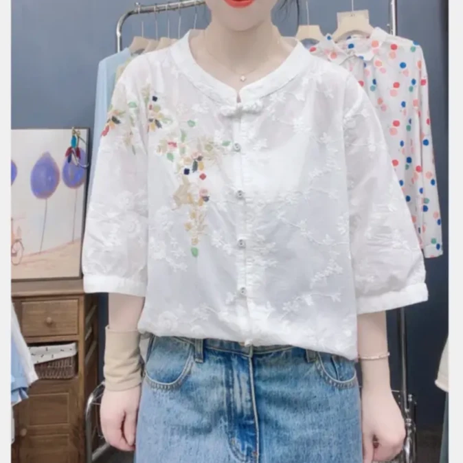 新中式国风复古盘扣小清新刺绣短袖立领百搭中袖衬衫女装上衣