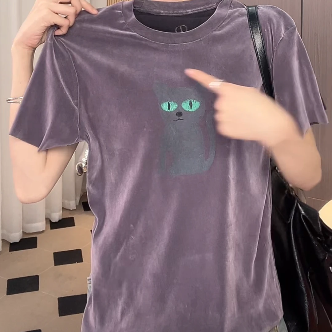 复古时髦小众设计减龄休闲显瘦短袖2025夏季新款百搭圆领上衣女