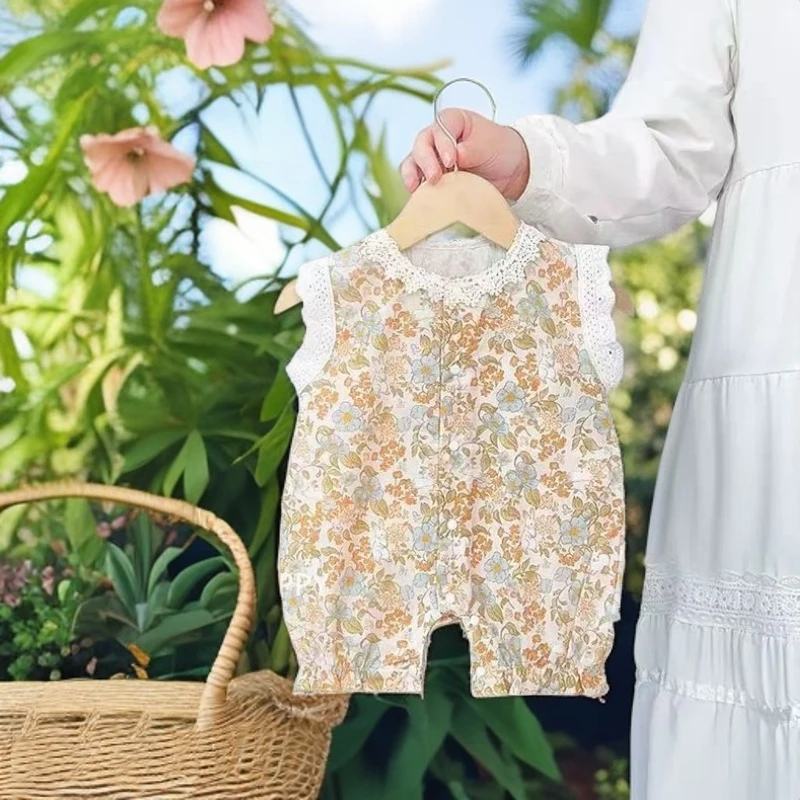 夏季柔纱花影连体哈衣婴幼儿薄款无袖是洋气蕾丝淑女风连体爬服