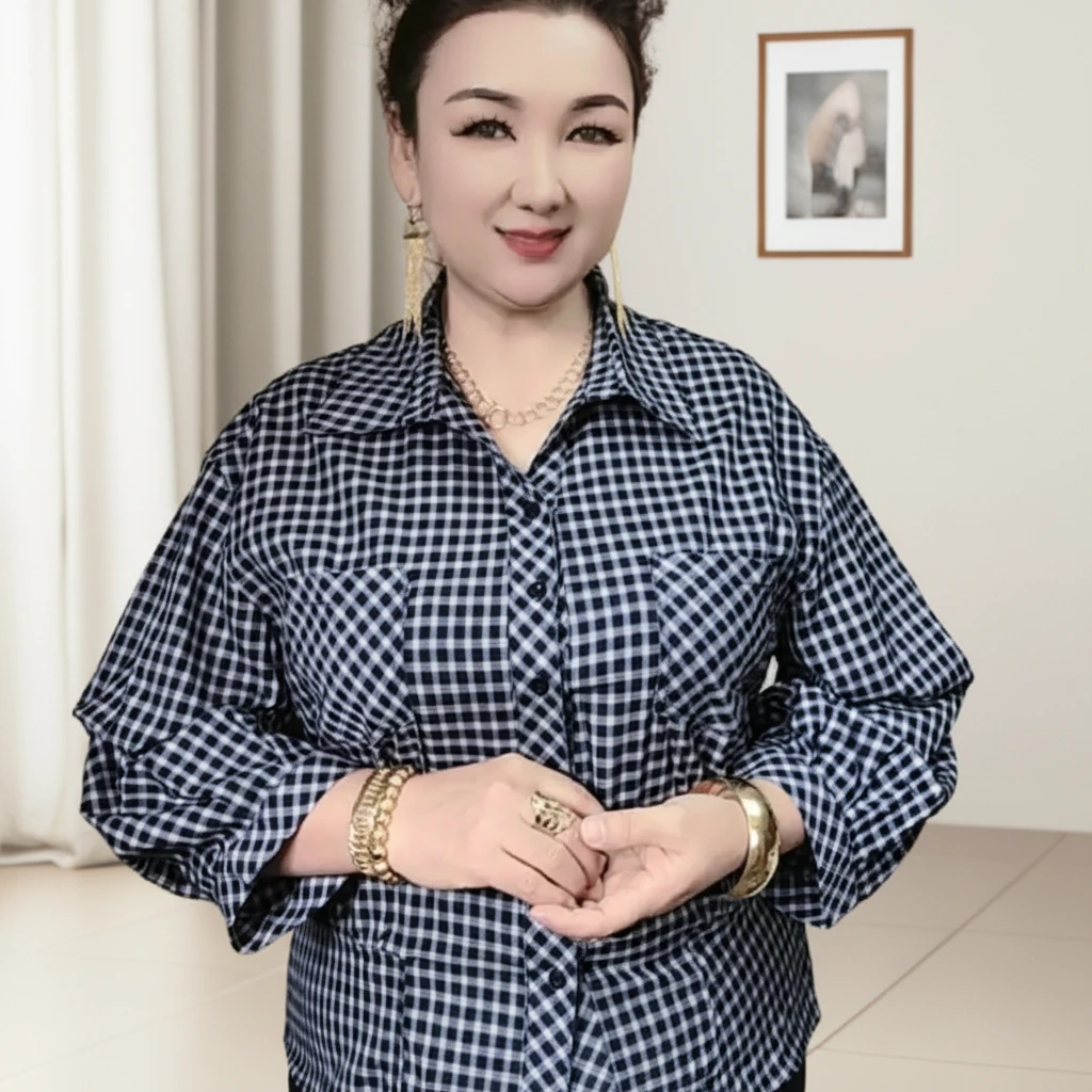 韩版宽松格纹长袖翻领衬衫女秋季新款时尚百搭通勤短款上衣