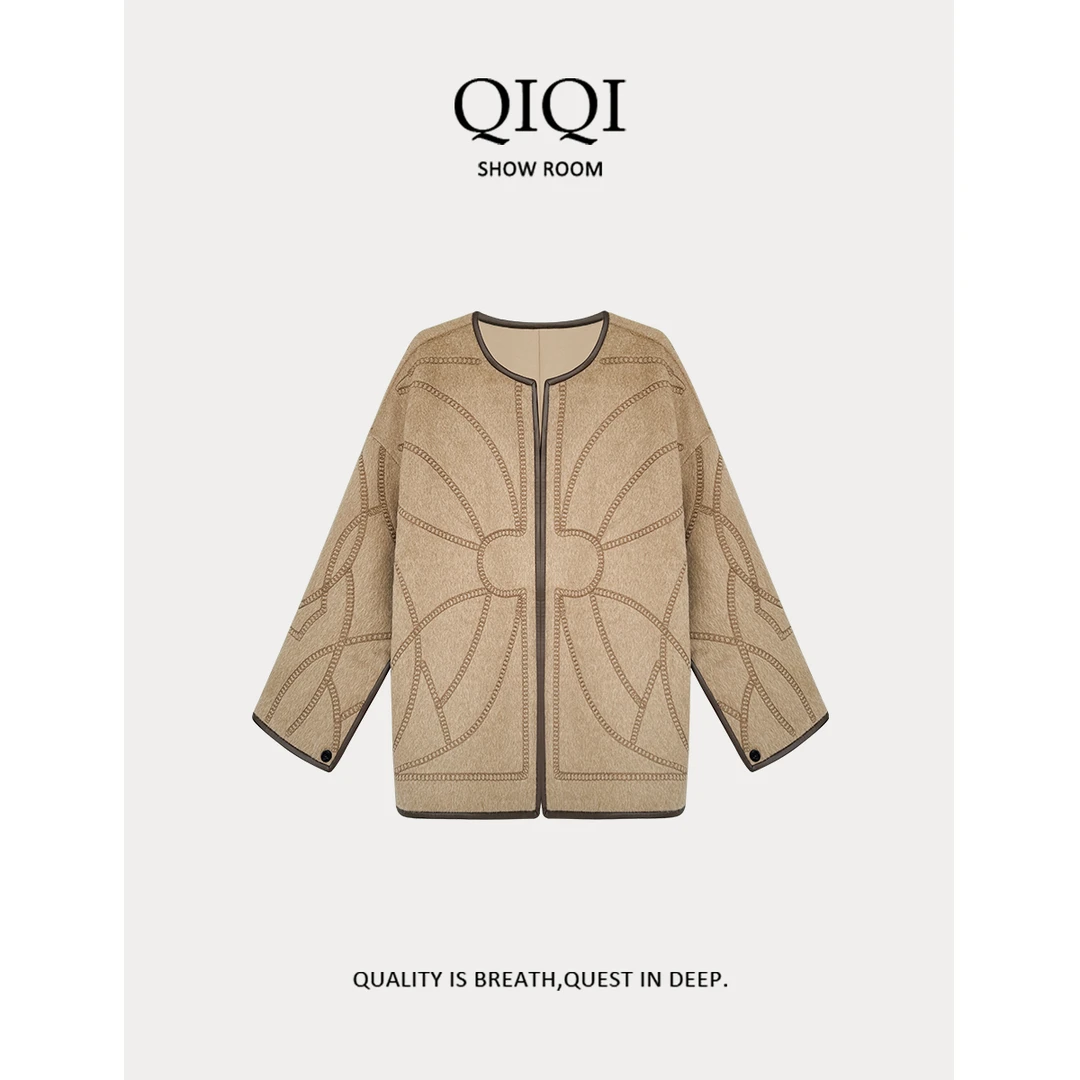 QiQi 「优雅线条」气质优雅绳绣皮边羊毛大衣外套