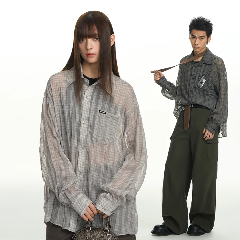 TGNS潮牌压褶微透格纹长袖衬衫女春夏设计感上衣格子衬衣罩衫外套