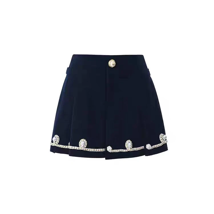 LeFame/拉飞姆2024夏藏蓝色制服珍珠双腰头百褶半裙LF24X21SS180