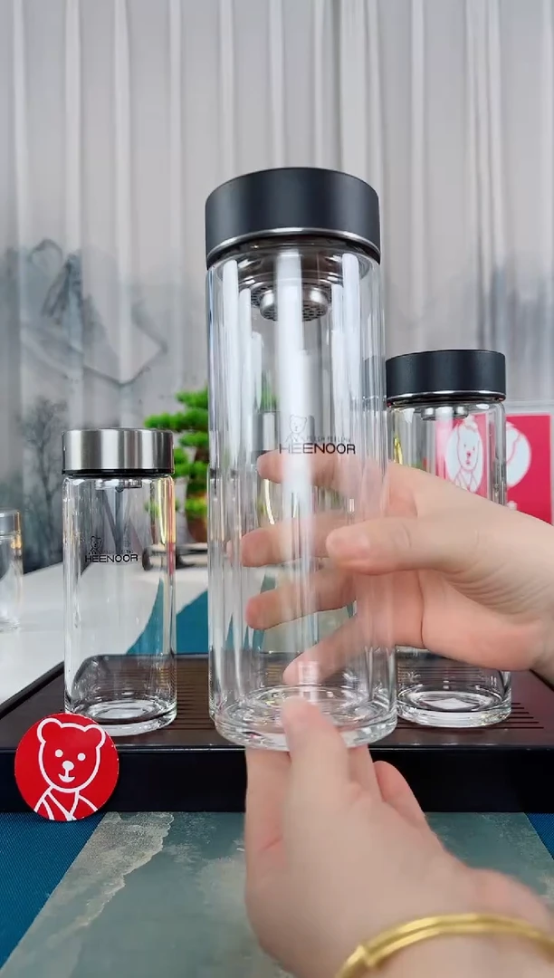高硼硅玻璃茶隔款希诺双层玻璃杯9101黑色400毫升礼盒包装