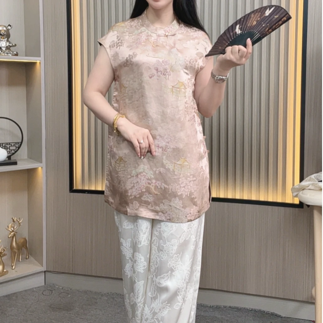 【粉雨亭台】新中式高定设计质感丝缎夏季女士小飞袖裙衫