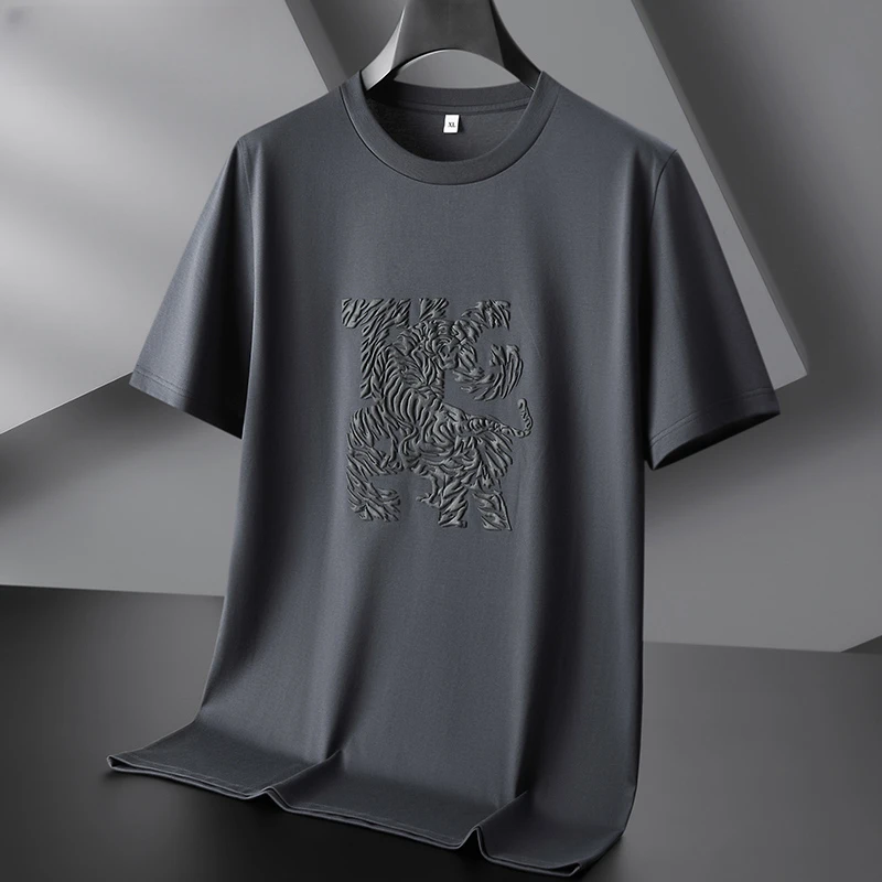 符腾野堡马夏季丝光棉短袖男士加肥加大宽松t恤胖子薄款半袖体恤