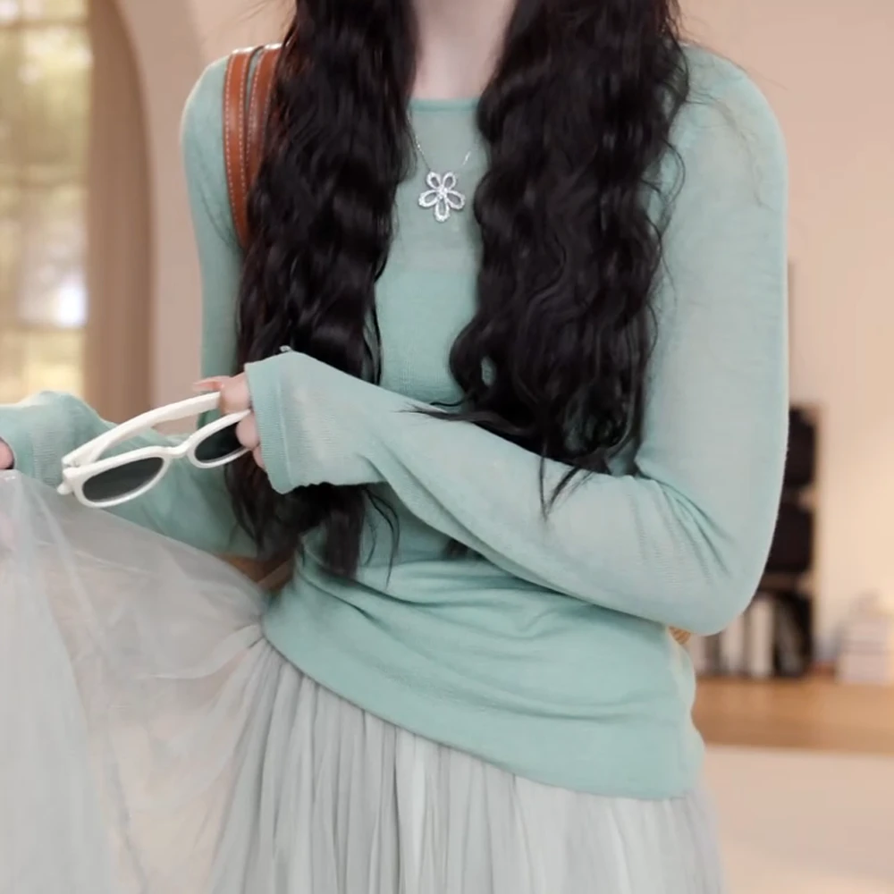 2025夏季新款纯色罩衫长袖T恤修身薄荷曼波绿上衣女长袖打底