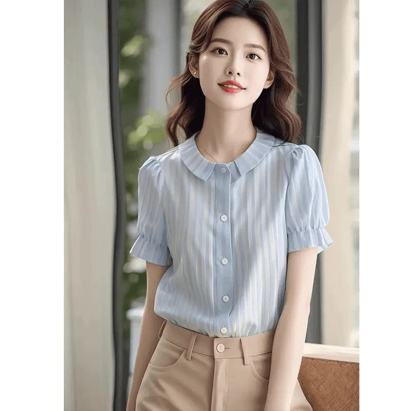 今年流行的小香风夏装上衣轻熟法式小众超好看百搭蓝色短袖衬衫女