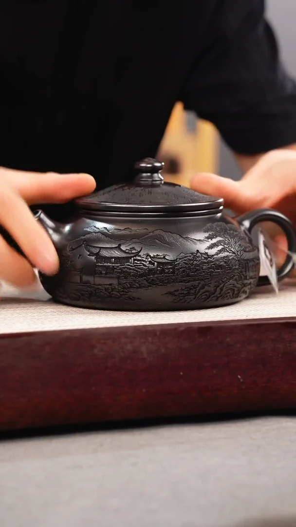 茶壶紫砂石黄 大寒江 刻绘