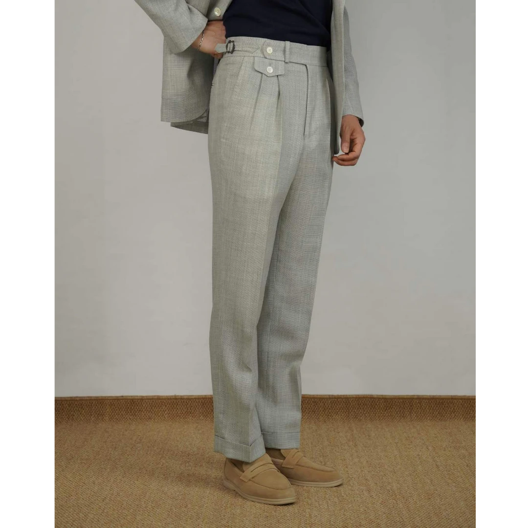 英国HUDDERSFIELD春夏款纯羊毛西裤那不勒斯高腰直筒外翻边休闲裤