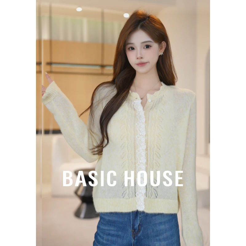 Basic House/百家好秋季新款蕾丝边镂空慵懒针织开衫B1195B50B52