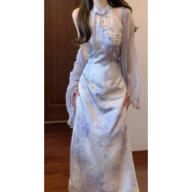 【霜瓷逸影】新中式水滴领印花显白挂脖改良旗袍连衣裙绝美长裙9510