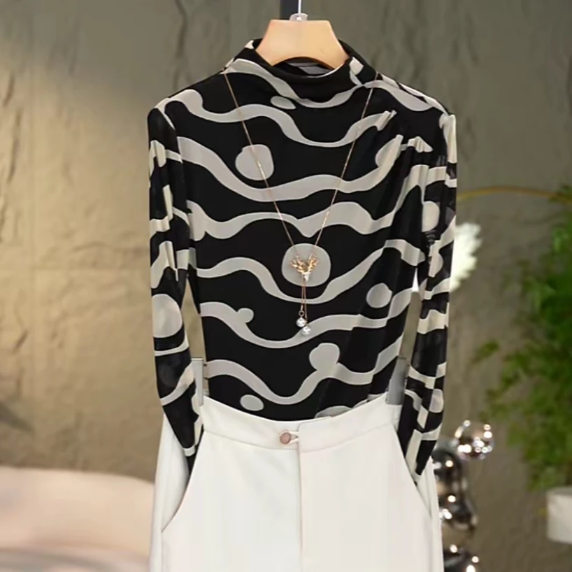 2521#立领长袖网纱气质小衫女印花T恤女士修身半高领打底衫