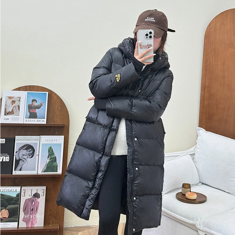白鸭绒黑金长款羽绒服冬季连帽情侣过膝修身冬季外套