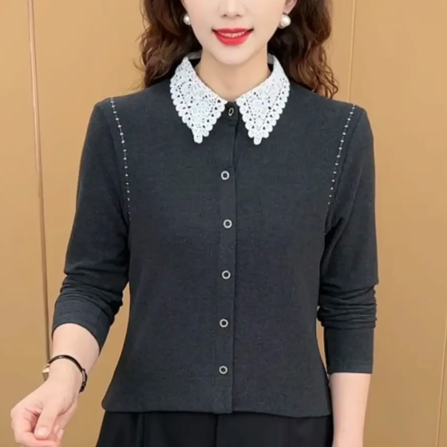 冬季新款女士蕾丝拼接翻领长袖双面绒气质减龄显瘦小众感洋气上衣