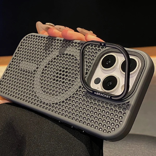 适用苹果16promax手机壳网孔散热iPhone15维网镜头支架14防摔新款