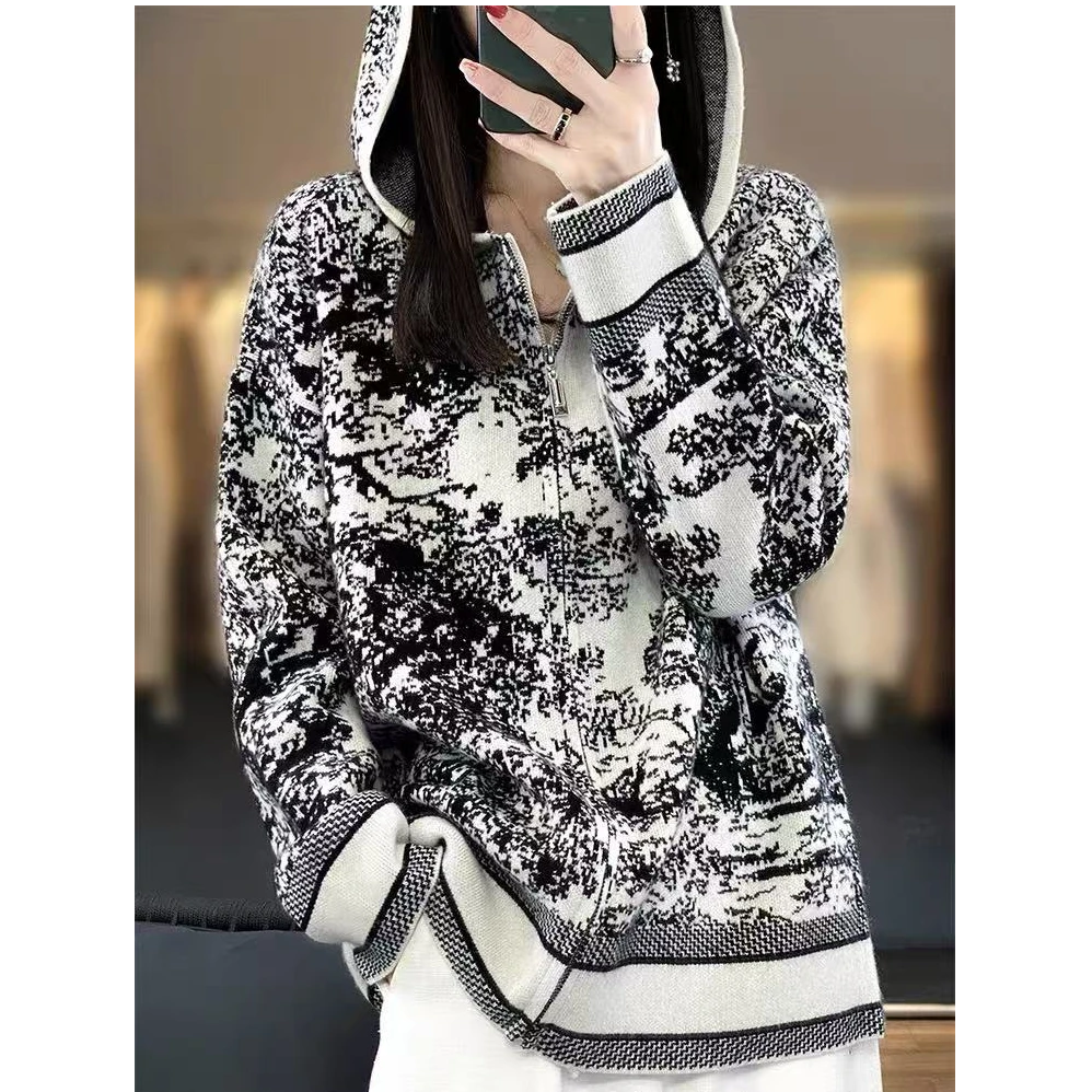 涵玖玥【100羊毛】水墨画帽拉链开衫时尚感上衣佰07