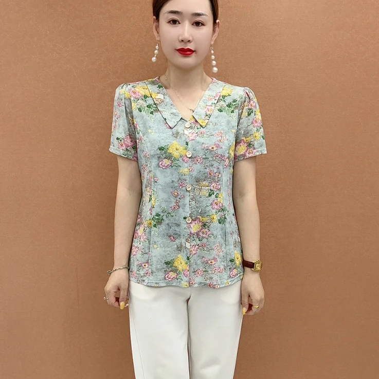 夏季新款娃娃领气质短袖小衫时尚洋气显瘦减龄妈妈装9475