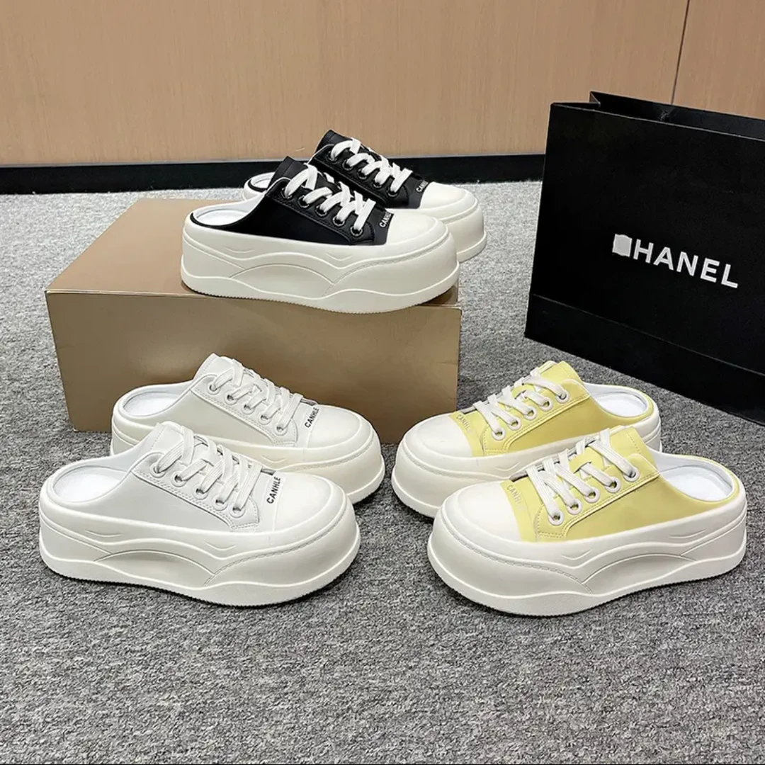 真皮厚底半拖小白板鞋女春夏季时尚增高休闲四季款板鞋2602