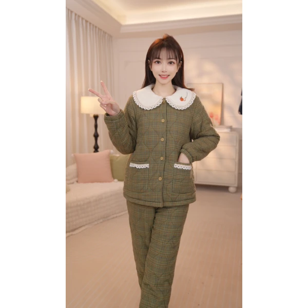 秋冬季女士简约娃娃领设计加棉保暖三层夹棉睡衣家居服套装