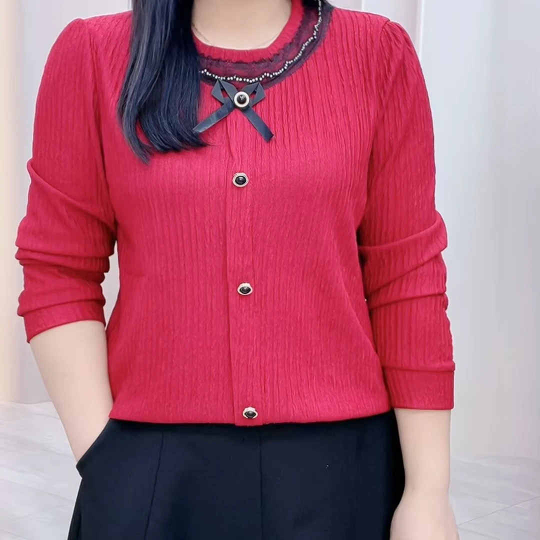 新款春秋气质针织洋气时尚百搭女士打底长袖显瘦上衣蝴蝶结千丝皱