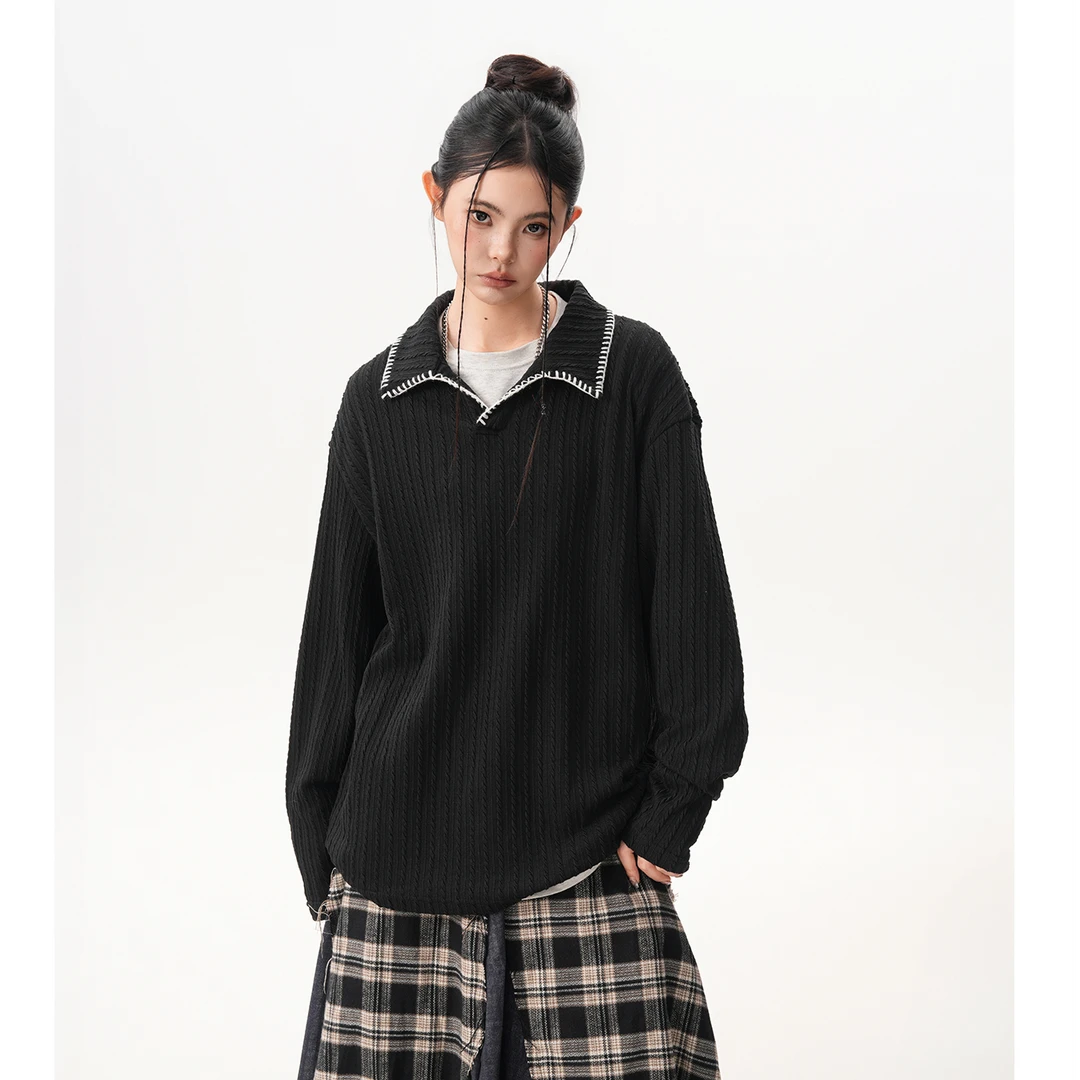 复古手缝线麦穗纹短袖polo衫男款秋季老钱风翻领长袖高级感上衣