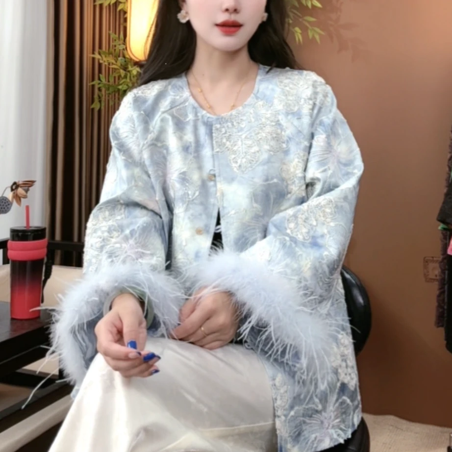 2025秋季新款天丝加厚时尚减龄外套新中式国风刺绣外套女S162