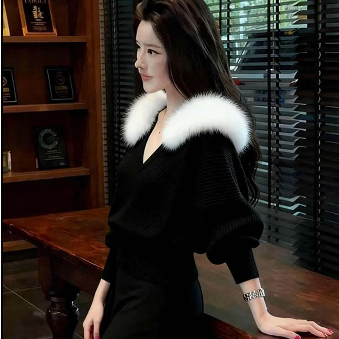 （毛领可拆）新款秋冬轻熟风V领针织衫女时尚风高级感毛领毛衣