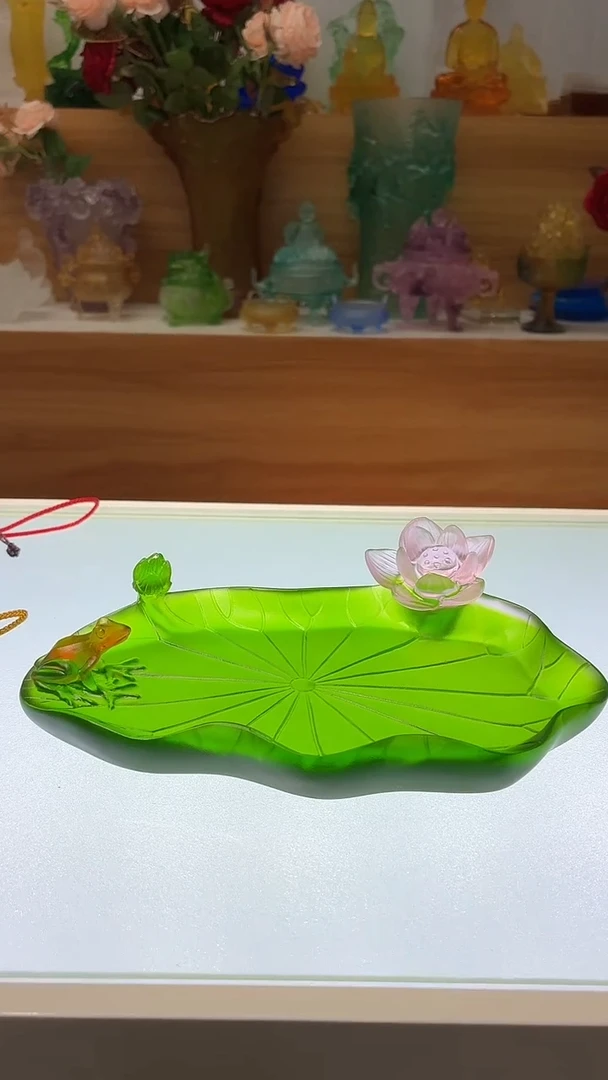 琉璃手工艺品绿色莲花青蛙壶承/香插21公分