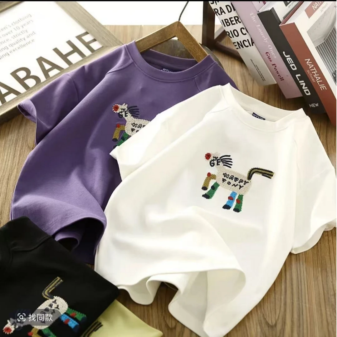 【棒嘟优优】男童短袖T恤衫夏季儿童薄款卡通刺绣圆领半袖汗衫125