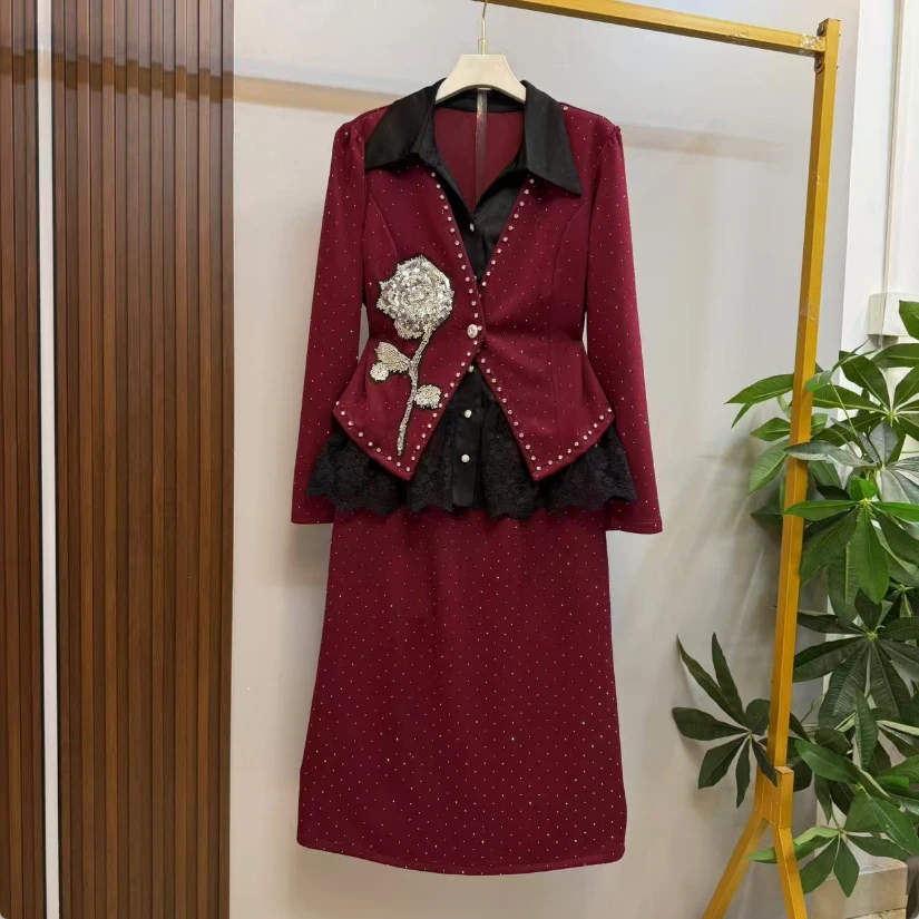 新款大码女装时尚气质轻奢重工亮闪闪假两件上衣十半身裙两件套