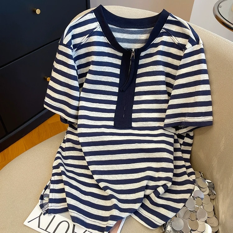 特大码240斤胖MM韩版条纹半拉链短袖T恤女夏季百搭圆领打底衫上衣