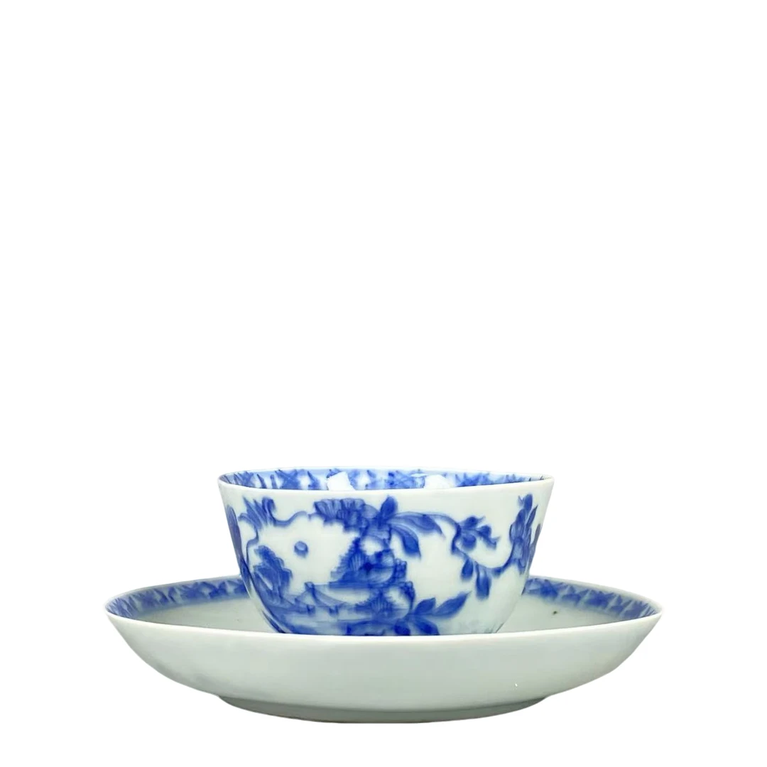 【022011186】清代 青花花卉杯碟一套（瓷器一）
