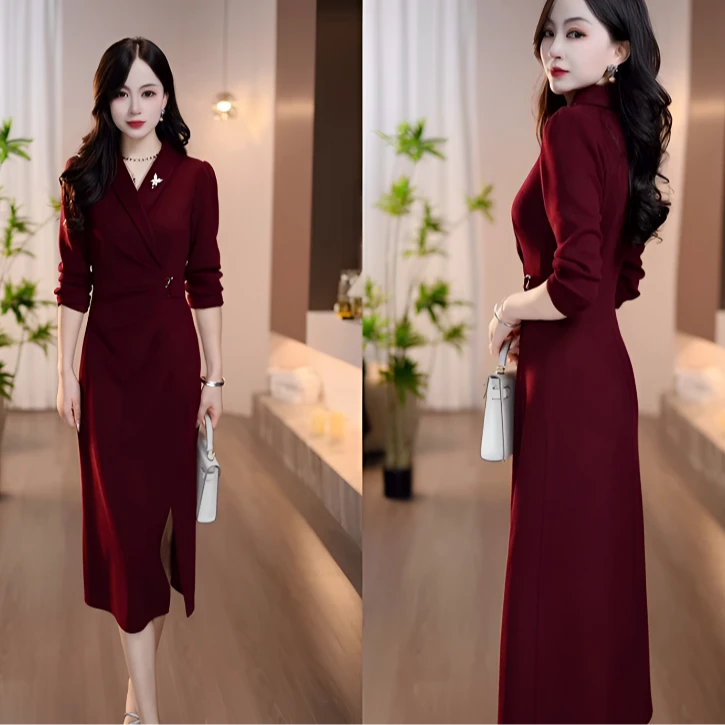 新品上新2025秋季新款酒红色西装v领精致气质优雅收腰显瘦连衣裙