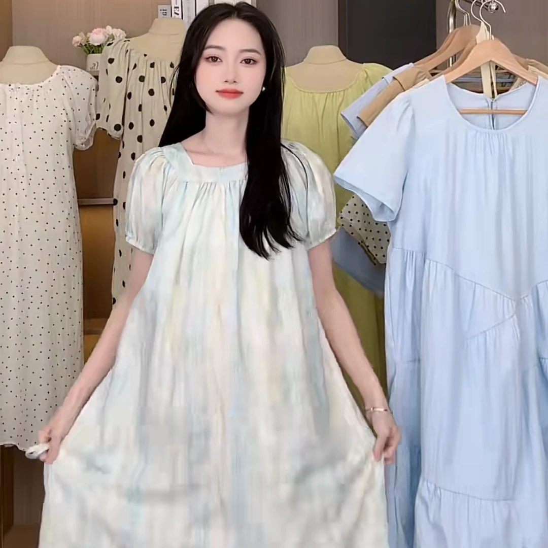孕妇装2025夏季新款方领时尚百搭休闲中长款宽松泡泡袖孕妇连衣裙