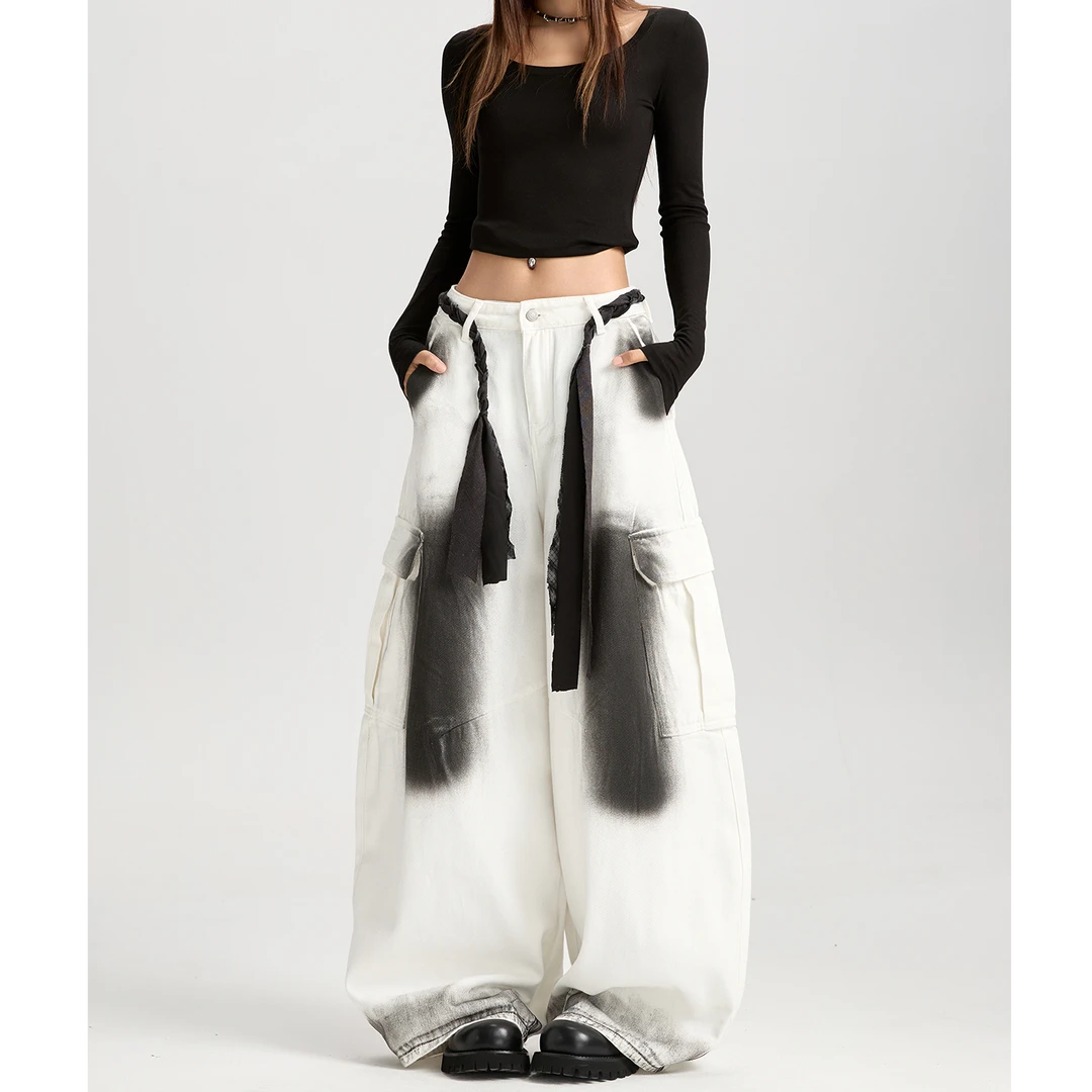 晕染撞色设计感阔腿弯刀牛仔裤女秋冬新款宽松时尚潮款裤子3886#