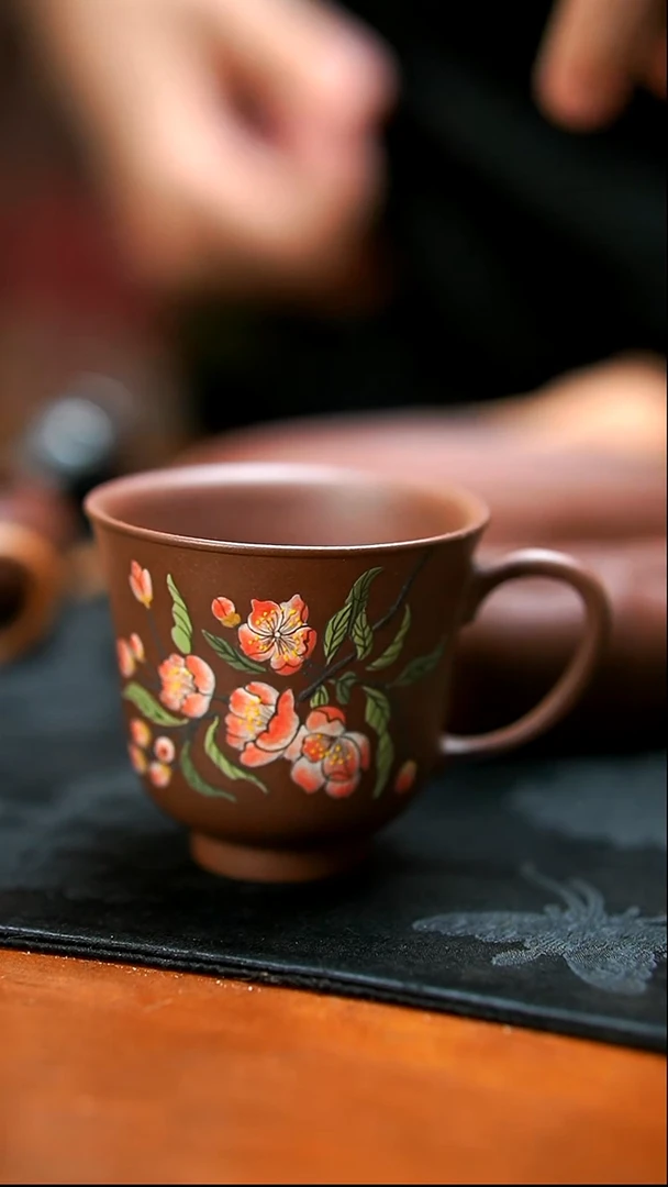 茶壶紫砂紫泥花花手把杯微瑕