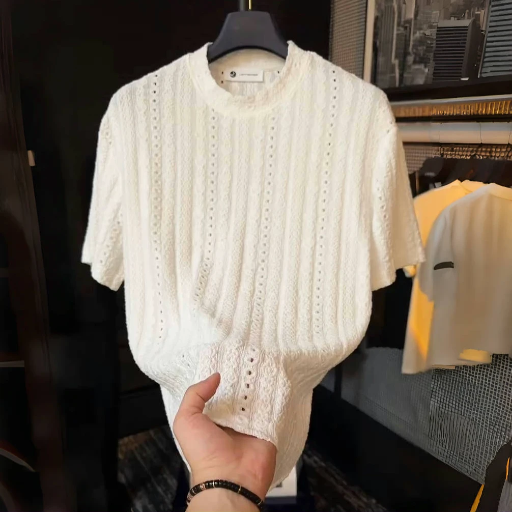 夏季老钱风典雅肌理提花镂空百搭圆领冰感丝短袖T恤男