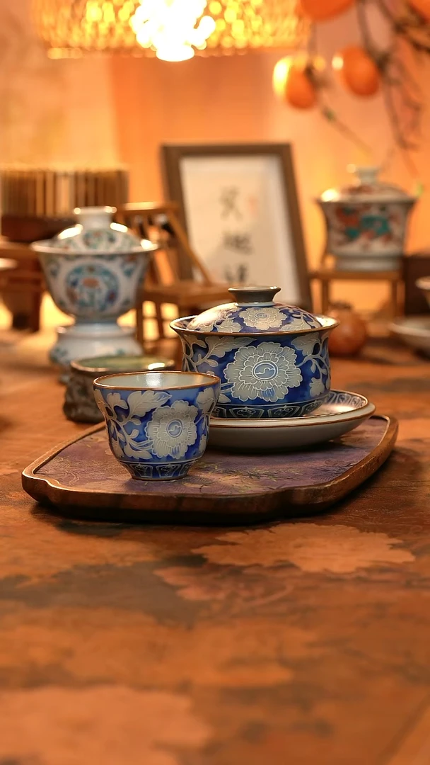 元青花盖碗三才盖碗加葫芦杯一个