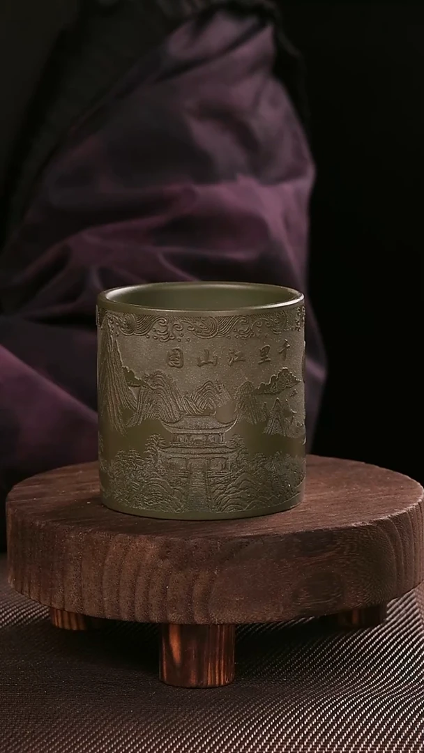 茶杯紫砂绿泥千里江山图刻绘主人杯200CC
