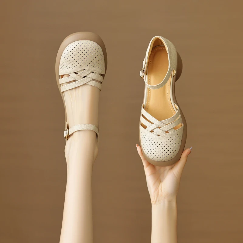 复古高跟镂空包头凉鞋女夏2025新款真皮粗跟厚底一字带罗马洞洞鞋