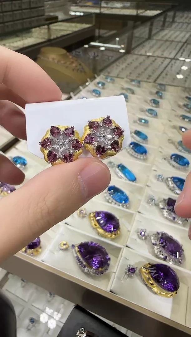 银S925镶嵌耳饰石榴石耳钉16mm