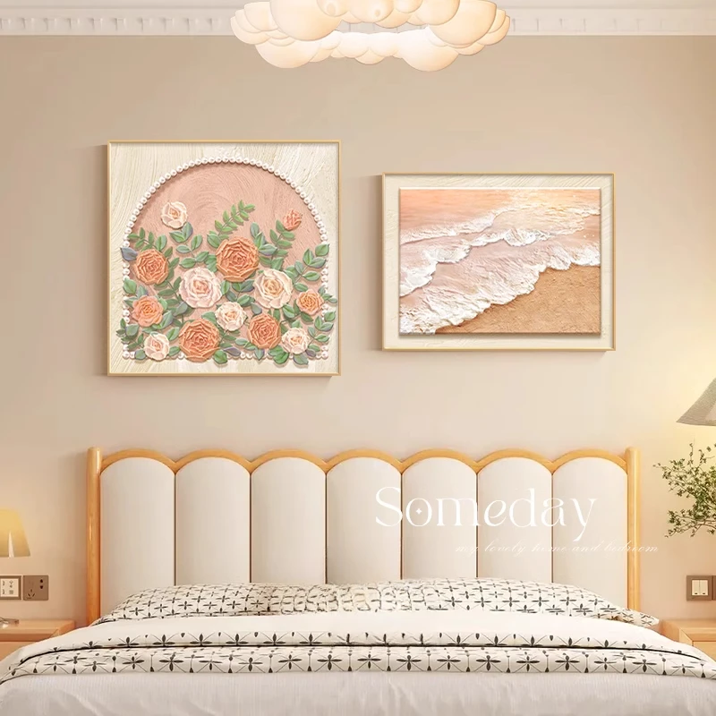 法式奶油风卧室床头装饰画肌理玫瑰主卧挂画两联餐厅背景墙壁画