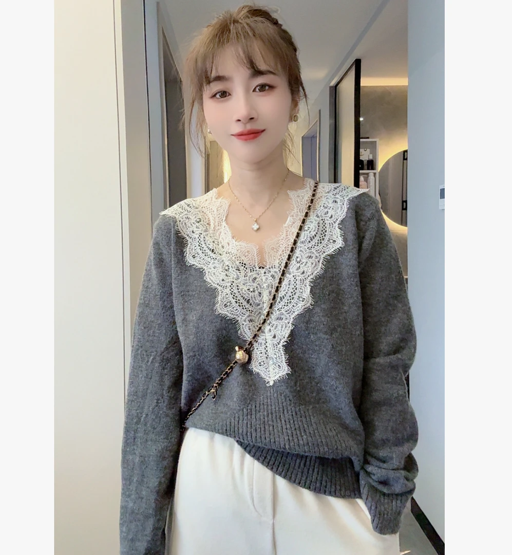 2025秋季新款V领拼接蕾丝减龄长袖针织衫女气质修身显瘦内搭上衣